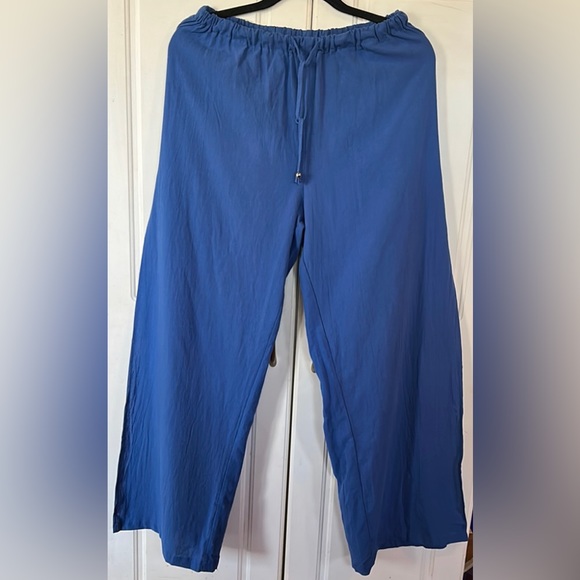 💥Women’s Sexy Blue Lightweight Split Thigh Wide Leg Pants with Drawstring’s - Picture 4 of 9
